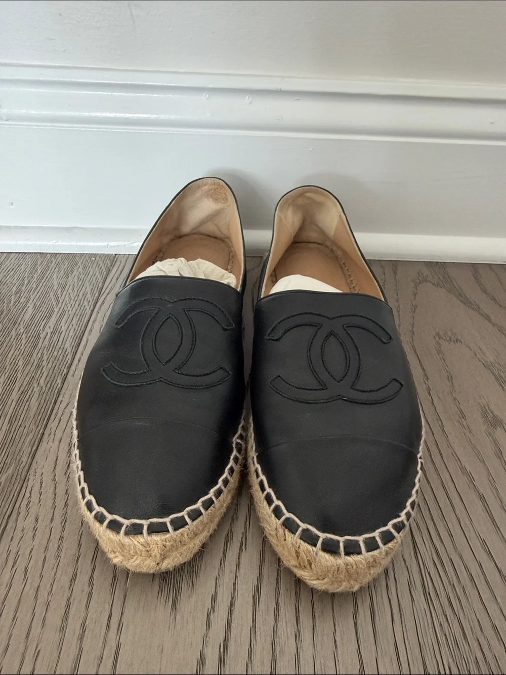 Chanel Black Leather Espadrille Slip-Ons with Logo Detail